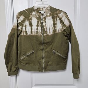 Design History Bomber Jacket Women's Sm Tie Dyed Olive Green Zip Pockets Lined